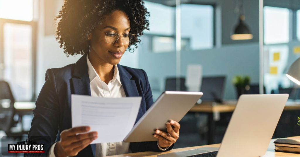Lawyer reviewing documents and photos as evidence to support What Can You Sue For In A Personal Injury Case.