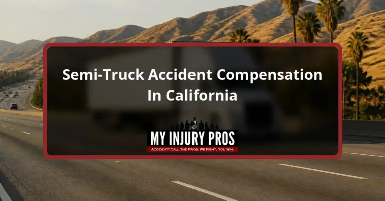 White semi truck on a California freeway with golden hills and palm trees, with the title Semi-Truck Accident Compensation In California