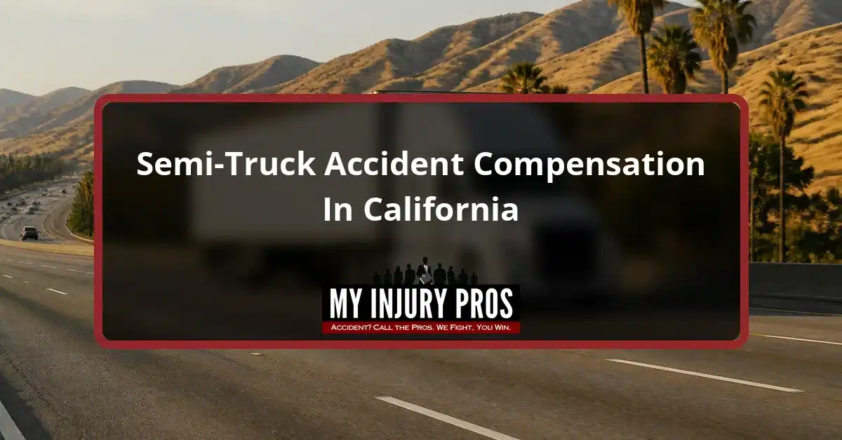 White semi truck on a California freeway with golden hills and palm trees, with the title Semi-Truck Accident Compensation In California