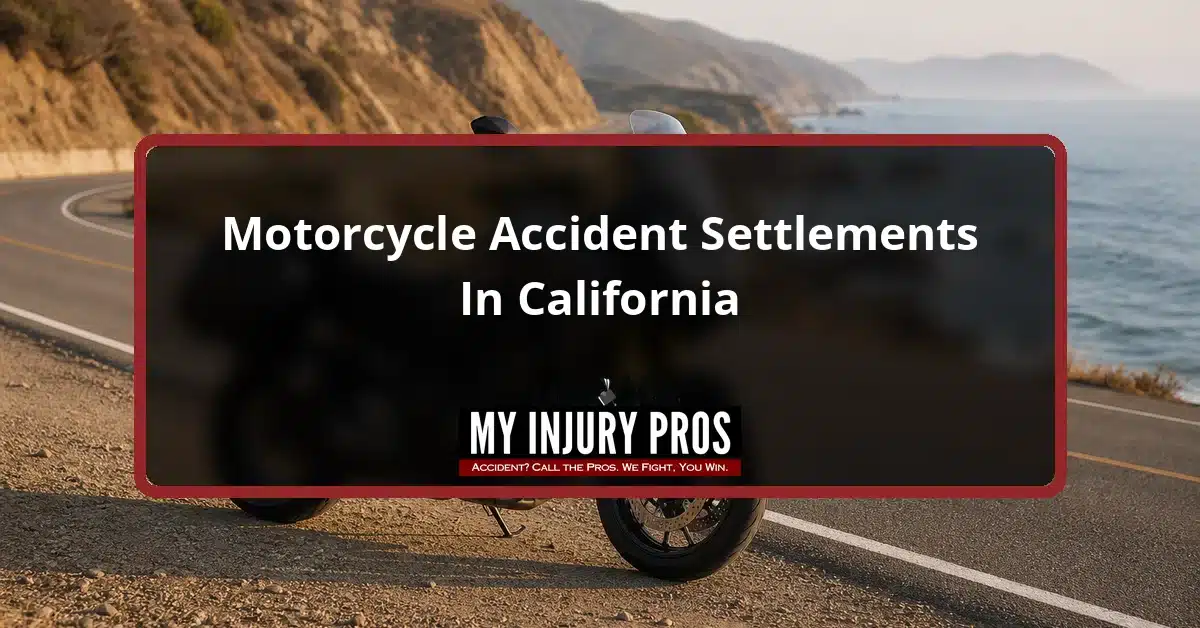 Motorcycle parked on the shoulder of a California coastal highway, with the title Motorcycle Accident Settlements In California