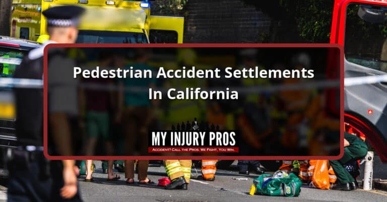 Police officer, ambulance and paramedics responding at a street accident scene behind cordon tape, with the title Pedestrian Accident Settlements In California