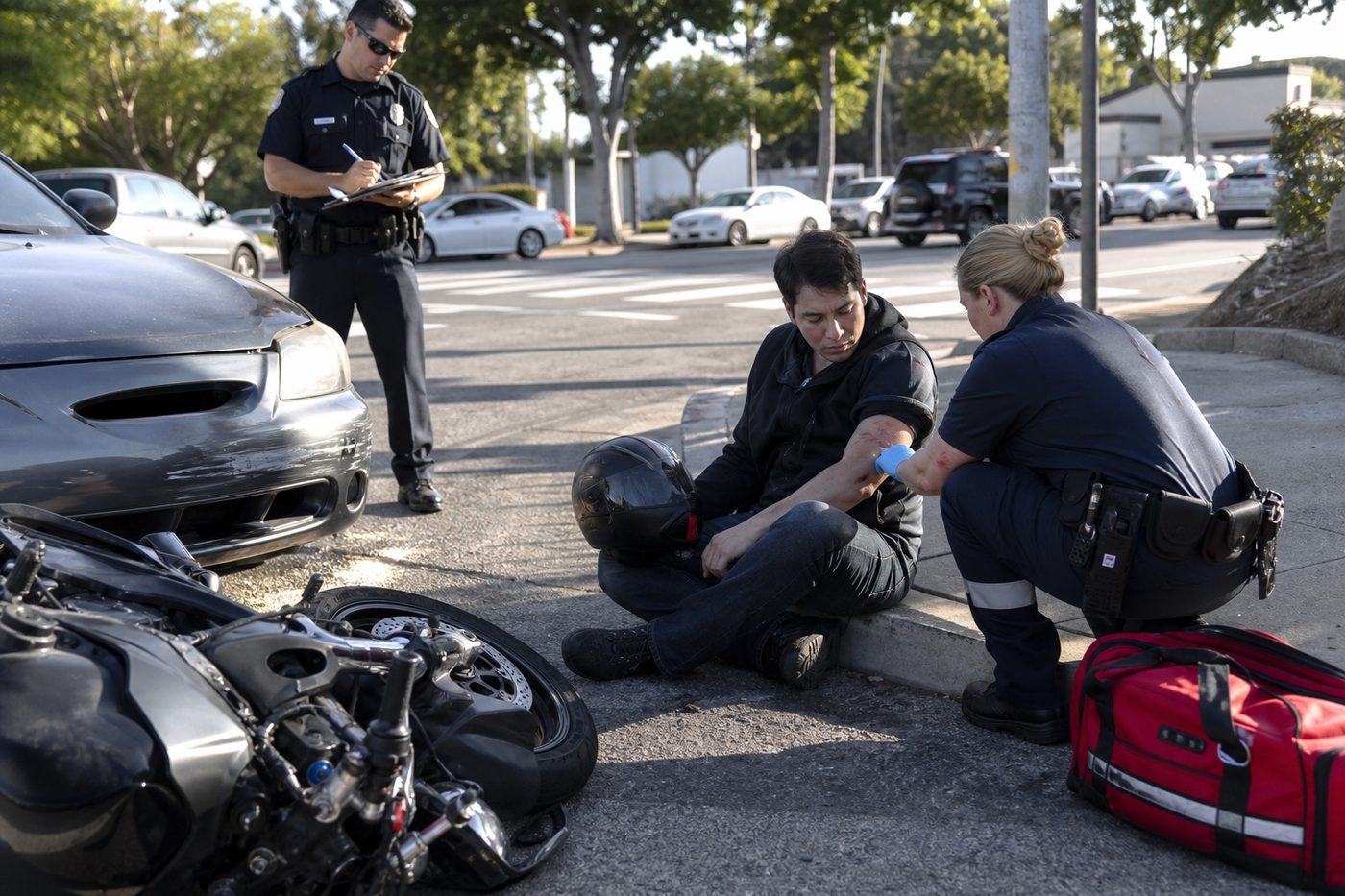 Injured rider sitting on the curb holding his helmet while a paramedic checks his arm and a police officer takes notes beside a damaged motorcycle and car