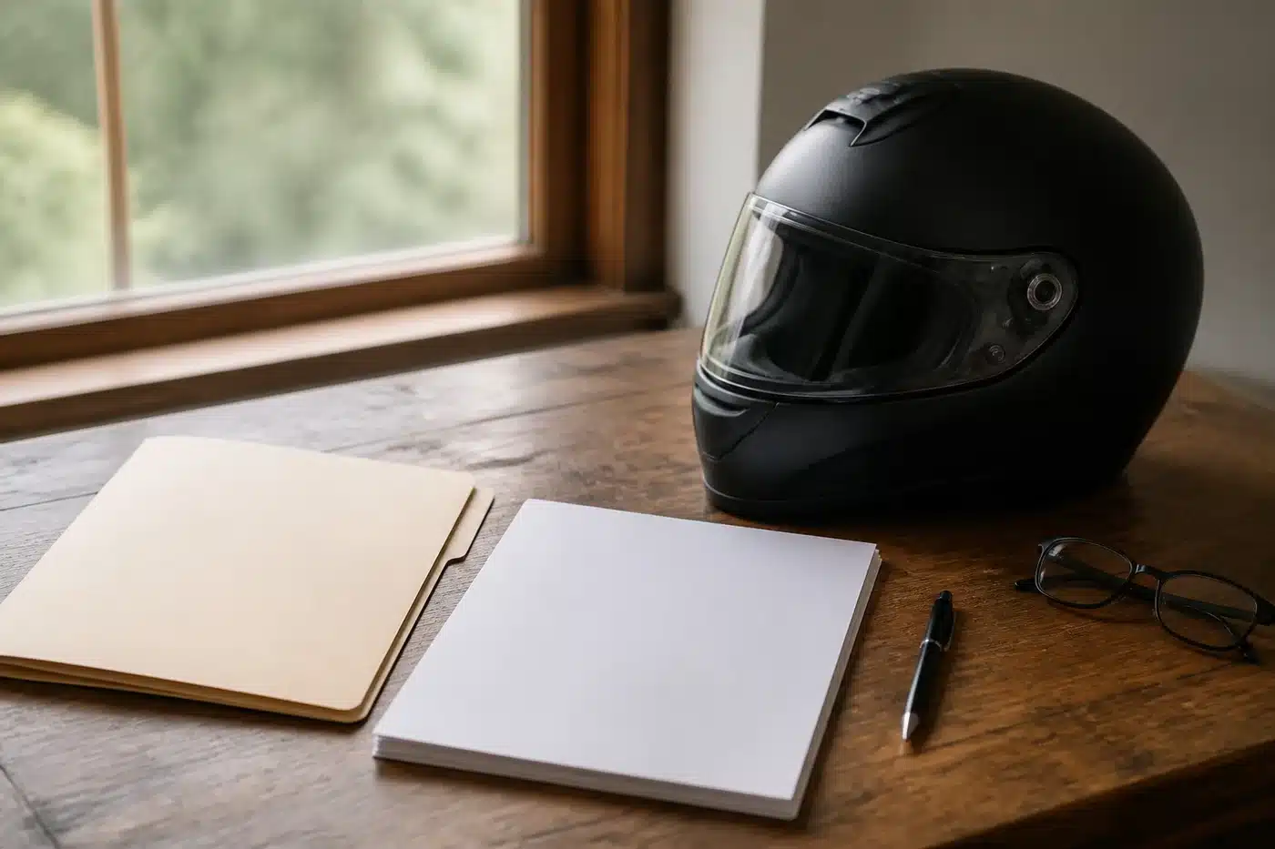 Manila folder, a stack of papers, a pen and reading glasses on a wooden desk next to a black motorcycle helmet