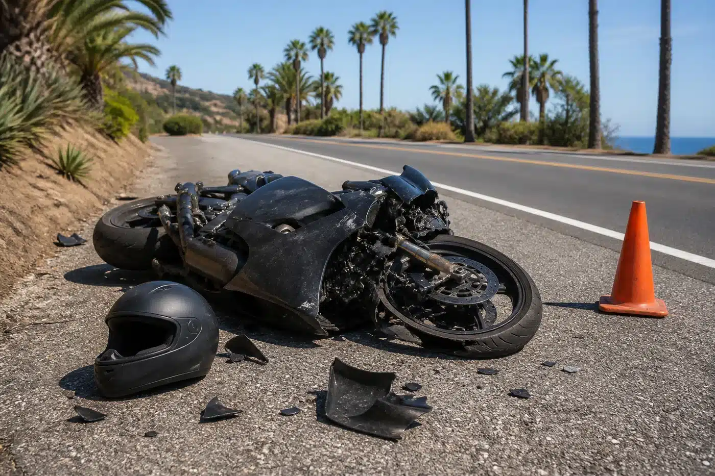 Damaged black motorcycle lying on the shoulder of a palm-lined California coastal road beside a helmet, broken fairing pieces and an orange traffic cone
