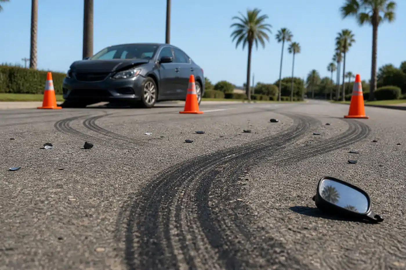 Tire skid marks and debris on a California road with a broken motorcycle mirror, traffic cones and a car with a damaged front end