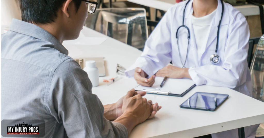 Abogado y médico revisando registros médicos en un caso de lesiones de nacimiento