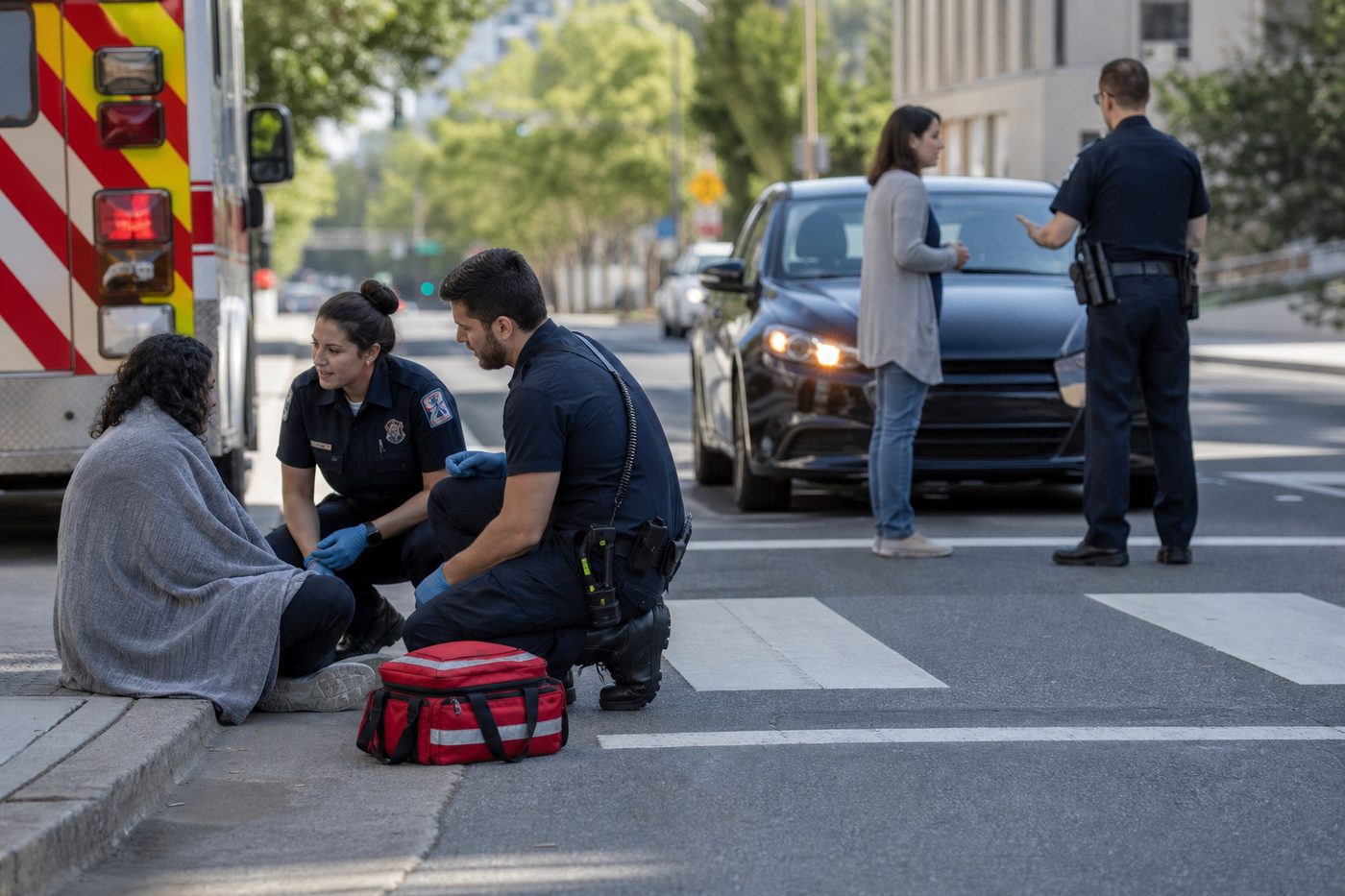 Two paramedics kneel beside a pedestrian wrapped in a blanket on the curb while a police officer speaks with a driver next to a stopped car and an ambulance