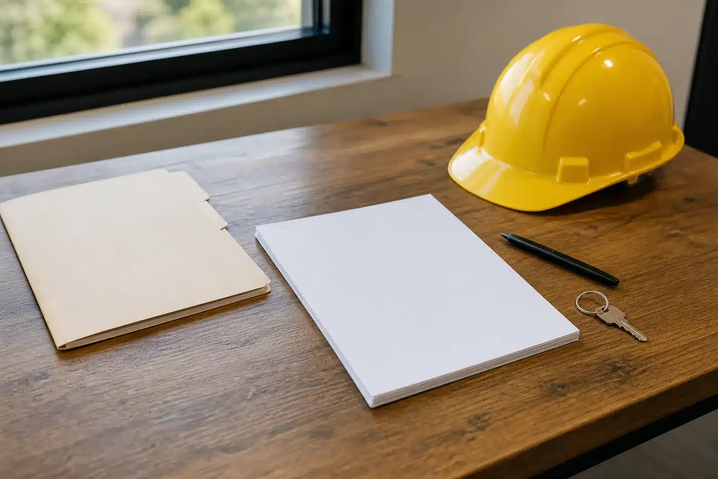 Manila folder, a stack of papers, a pen and a key on a wooden desk next to a yellow hard hat