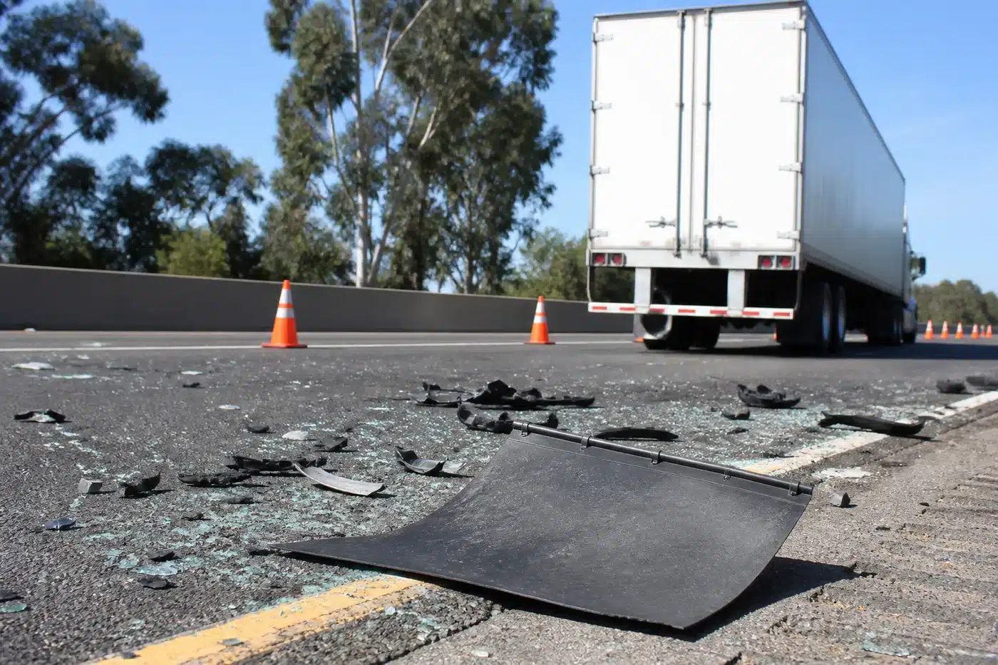 Broken glass, plastic debris and a detached mudflap on a California freeway after a truck crash, with traffic cones and a semi-trailer in the background