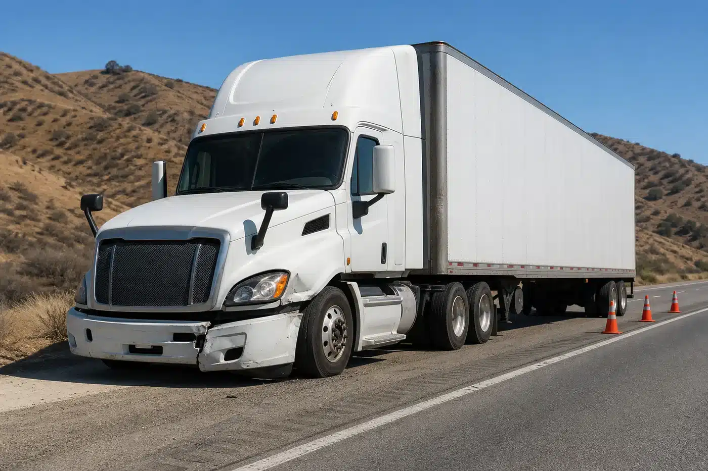 White semi truck with a damaged front bumper stopped on the shoulder of a California freeway, with orange traffic cones placed behind the trailer